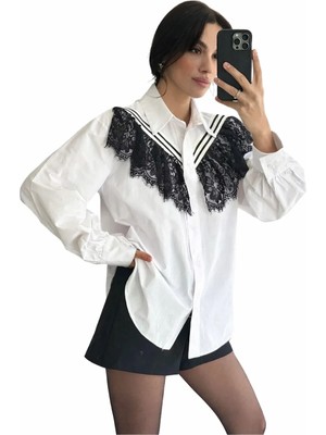Ribana Classic Kadın Uzun Kollu Ekose Garnili Poplin Dantel Detaylı Gömlek 2729