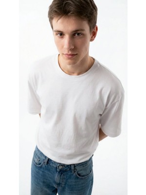 Hoxie Erkek Oversize Düz Beyaz Renk Bisiklet Yaka Basıc Tişört