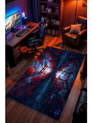 Charmbi Kızıl Orman Yolu Desenli Halı – Kaymaz Taban Kadife Dokulu Makinede Yıkanabilir Gamer Genç Odası Halısı