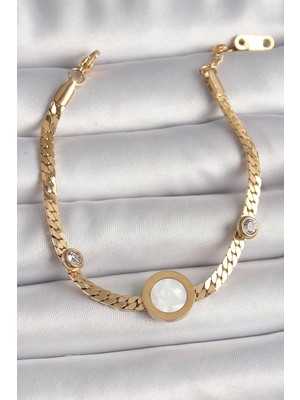 Bazarhane 316L Çelik Gold Renk Yassı Zincir Model Zirkon Taş Detaylı Beyaz Mineli Madalyon Model Kadın Bileklik