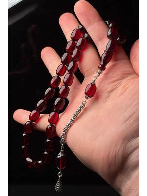 Tesbihkenti Gümüş Püsküllü Vişne Renk Ateş Kehribar Tesbih