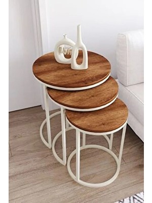 Usta Mekan Krem Metal Ceviz Ahşap Zigon Sehpa Modern Tasarım 3 Adet Yuvarlak Şık Dekor