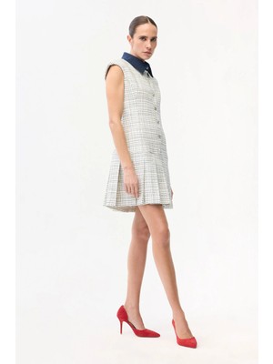 Adl Kolsuz Düğme Detaylı Pileli Elbise Lacivert 12446171000