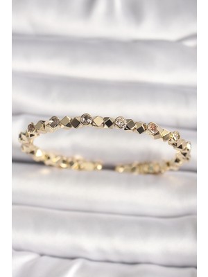 Bazarhane Pirinç Gold Renk Zirkon Taşlı Küp Dorika Model Kadın Bileklik