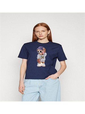 ÇARŞI47 Kadın Tişört Yuvarlak Yaka Ayıcık Baskılı T-Shirt
