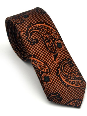 Gaffy Açık Kahverengi Şal Desenli Siyah Dokuma Kumaş Mendilli Slim Fit Kravat // SDK-2606-1