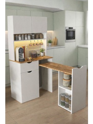 Setay Lectus Kahve Köşesi + Çok Amaçlı Dolap, Açılır Katlanabilir Mutfak Masası - Ceviz