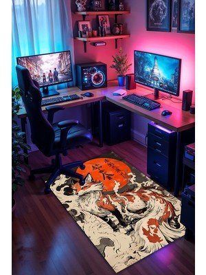 Charmbi Kızıl Tilki Desenli Halı – Kaymaz Taban Kadife Dokulu Makinede Yıkanabilir Gamer Genç Odası Halısı
