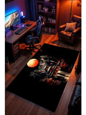 Charmbi Kızıl Ay Tapınağı Halı – Kaymaz Taban Kadife Dokulu Makinede Yıkanabilir Gamer Genç Odası Halısı