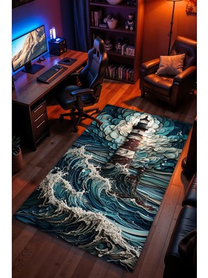 Charmbi Issız Deniz Feneri Halı – Kaymaz Taban Kadife Dokulu Makinede Yıkanabilir Gamer Genç Odası Halısı