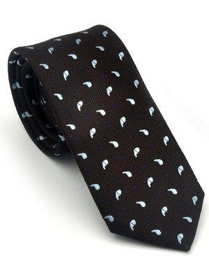 Gaffy Mavi Lacivert Desenli Kahverengi Dokuma Kumaş Mendilli Slim Fit Kravat // SDK-2612-5