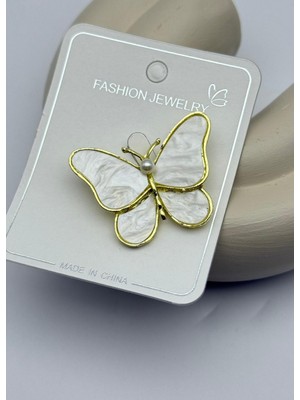 Biju Yılmaz Vip Gold Beyaz Incili Kelebek Broş - 26BRS19