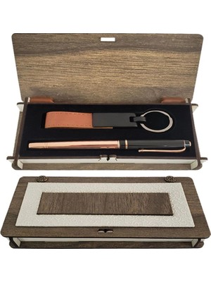 Marsilyan Ahşap Kutulu Bakır Kalem Anahtarlık Set