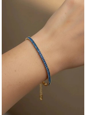 Biju Yılmaz Çelik Gold Parlak Mavi Baget Taşlı Su Yolu Bileklik - 26SLB50