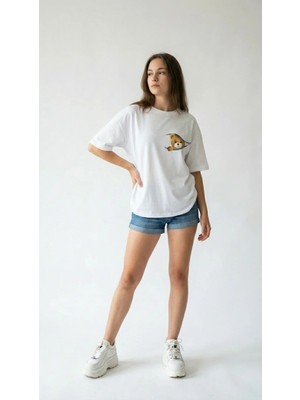 Hoxie Kadın Oversize Düz Renk Ayıcık Dijital Baskılı Bisiklet Yaka Basic Tişört