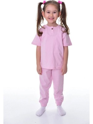 Bunny Hopp %100 Pamuk  Penye Kumaş Düğmeli Sade Terletmeyen Kız Çocuk Yazlık Pijama Takımı
