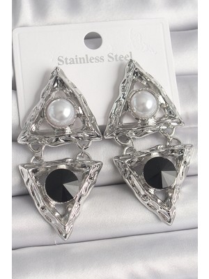 Bazarhane Pirinç Gümüş Renk Sallantı Üçgen Model Inci Detay Kadın Küpe