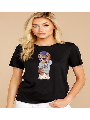 ÇARŞI47 Kadın Tişört Yuvarlak Yaka Ayıcık Baskılı T-Shirt