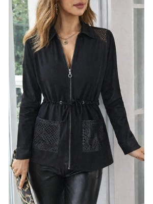 Marsilyan- Kadın Uzun Kollu Önü Fermuarlı File Detaylı Belden Bağcıklı Kısa Modal Ceket