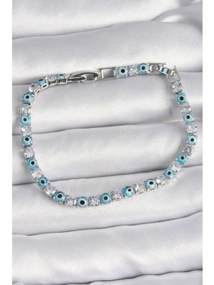 Bazarhane Pirinç Gümüş Renk Su Yolu Zirkon Taşlı Nazar Boncuklu Kadın Bileklik