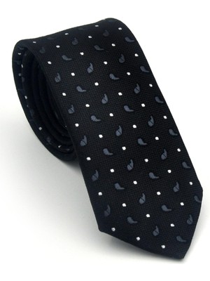 Gaffy Beyaz Füme Desenli Siyah Dokuma Kumaş Mendilli Slim Fit Kravat // SDK-2612-1