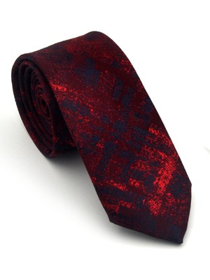 Gaffy Lacivert Kırmızı Desenli Bordo Dokuma Kumaş Mendilli Slim Fit Kravat // SDK-2608-4