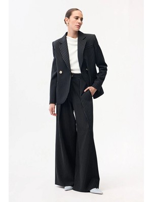 Adl Pile Detaylı Çizgili Pantolon Siyah 15346178000