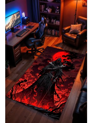 Charmbi Ölğm Büyücüsü Desenli Halı – Kaymaz Taban Kadife Dokulu Makinede Yıkanabilir Gamer Genç Odası Halısı