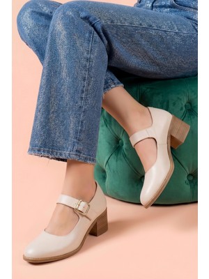 Analin Shoes Kadın Hakiki Deri Tokalı Günlük Kalın Topuklu Ayakkabı