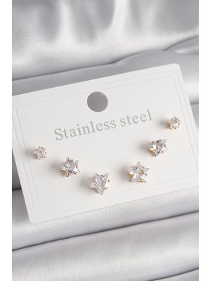 Bazarhane 316L Çelik Gold Renk Zirkon Taşlı Yıldız Model Kadın Küpe Seti