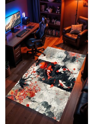 Charmbi Kızıl Sazan Desenli Halı – Kaymaz Taban Kadife Dokulu Makinede Yıkanabilir Gamer Genç Odası Halısı