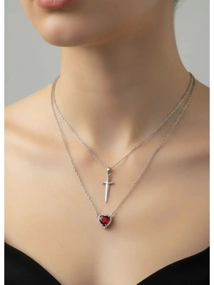 Biju Yılmaz Çelik Silver Ikili Kırmızı Kalp Kılıç Kolye - 25-CLKK109