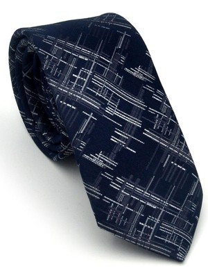 Gaffy Gri Kırcıl Desenli Lacivert Dokuma Kumaş Mendilli Slim Fit Kravat // SDK-2611-2