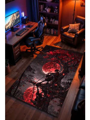 Charmbi Samurayın Hüznü Desenli Halı – Kaymaz Taban Kadife Dokulu Makinede Yıkanabilir Gamer Genç Odası Halısı