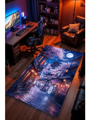 Charmbi Sakura Sokağı Desenli Halı – Kaymaz Taban Kadife Dokulu Makinede Yıkanabilir Gamer Genç Odası Halısı