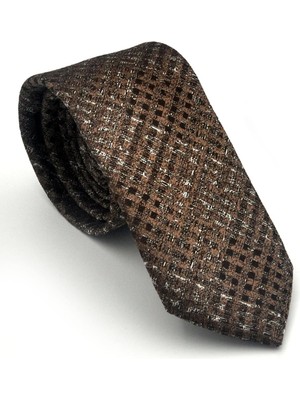 Gaffy Gri Desenli Kahverengi Dokuma Kumaş Mendilli Slim Fit Kravat // SDK-2602-4