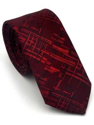 Gaffy Siyah Kırmızı Kırcıl Desenli Bordo Dokuma Kumaş Mendilli Slim Fit Kravat // SDK-2611-4