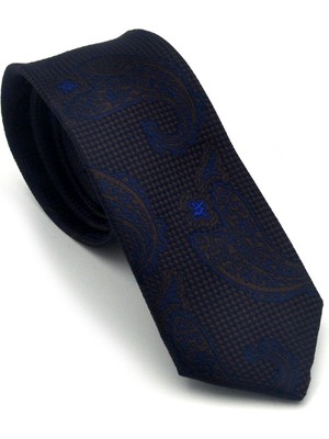 Gaffy Lacivert Kahverengi Şal Desenli Dokuma Kumaş Mendilli Slim Fit Kravat // SDK-2604-2