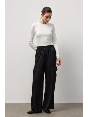 Molene Siyah Kargo Cepli Beli Lastikli Bol Kesim Pantolon