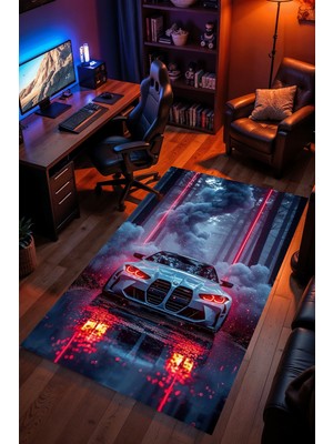 Charmbi Spor Araba Desenli Halı – Kaymaz Taban Kadife Dokulu Makinede Yıkanabilir Gamer Genç Odası Halısı