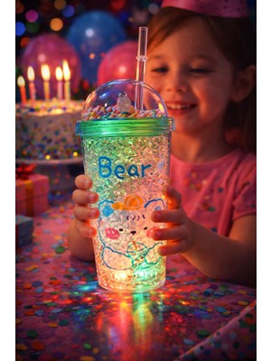 Biton Toptan Bear Suluk Pipetli Buzlu Cam Görünümlü LED Işıklı 450 ml Çift Katman Mika 2093 Yeşil