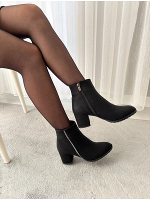 Asmi Shoes Kadın Teres Siyah Kalın Topuklu Fermuarlı Bot  Siyah
