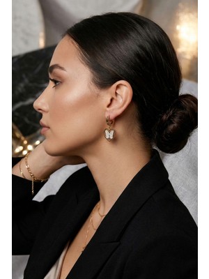 Lykos Çelik Gold Renk Kelebek Model Zirkon Taş Detay Kadın Küpe