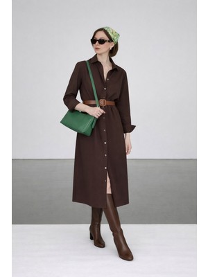 Vireo Club Kadın Kahvengi Pamuk Viskon Kemerli Midi Gömlek Elbise