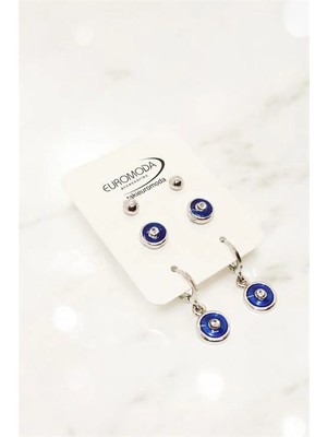 twingold Özel Tasarımlı Yuvarlak Taşlı Sallantılı Vidalı ve Top Küpeli 3lü Küpe Seti