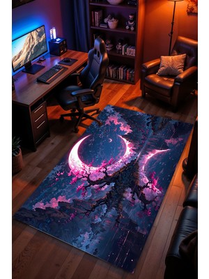 Charmbi Ay Işığı Baharı Desenli Halı – Kaymaz Taban Kadife Dokulu Makinede Yıkanabilir Gamer Genç Odası Halısı
