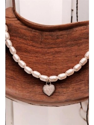 twingold Kalp Tasarımlı Sedef Renkli Oval Incili Tasarımlı Kolye Küpe Takı Seti