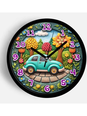 JHAAR Turkuaz Araba ve Orman Temalı Çocuk Odası Duvar Saati - 25CM - Önü Camlı Siyah Kasa