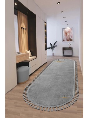 Saraz Halı Puffy Gri Oval Örgü Saçaklı Peluş Yumuşacık Yıkanabilir Kaymaz Taban Halı Salon Oturma Odası