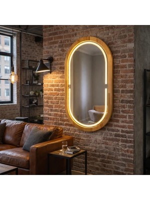 Aypars Atölye 18X32 cm Kayın Ahşap Çerçeveli Led’li Oval Ayna – 3000K Dimmer Işıklı Dekoratif Banyo Aynası